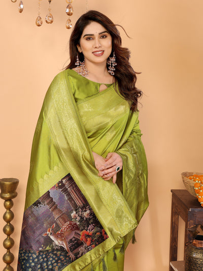 Lime Green Banarasi Silk Saree with Golden Zari Weaving & Peacock Digital Print Pallu – Festive & Elegant Occasion Wear