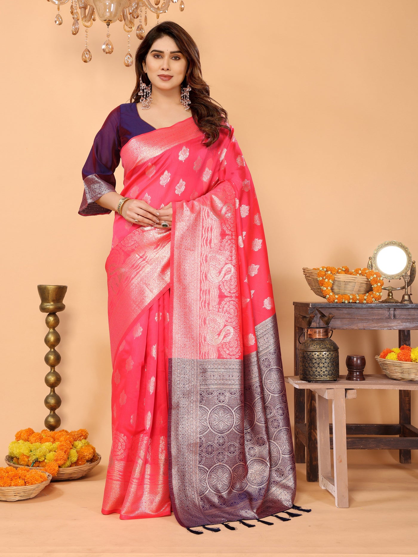Rani Pink Banarasi Silk Saree with Silver Zari Weaving & Royal Violet Border – Bridal & Festive Traditional Wear