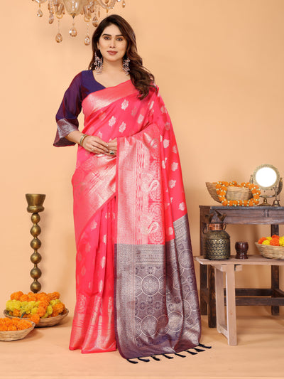 Rani Pink Banarasi Silk Saree with Silver Zari Weaving & Royal Violet Border – Bridal & Festive Traditional Wear