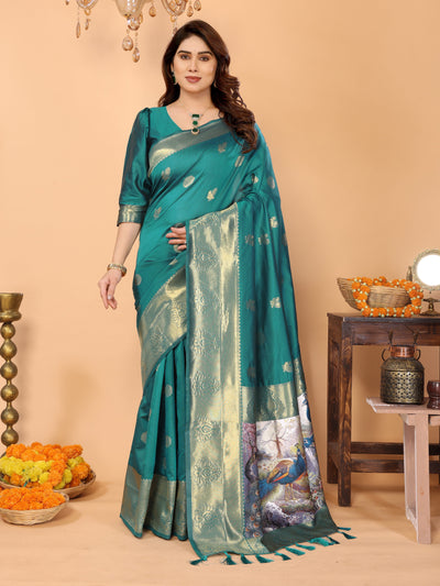 Teal Green Banarasi Silk Saree with Golden Zari Weaving & Peacock Digital Print Pallu – Festive & Wedding Wear