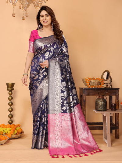 Navy Blue Banarasi Silk Saree with Silver Zari Floral Weaving & Pink Pallu – Elegant Traditional Saree for Festive & Wedding Wear