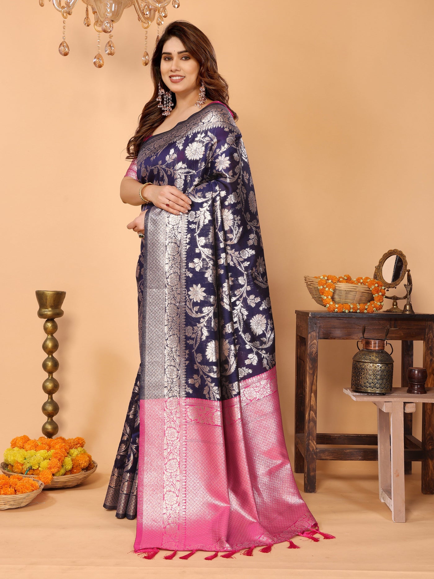 Navy Blue Banarasi Silk Saree with Silver Zari Floral Weaving & Pink Pallu – Elegant Traditional Saree for Festive & Wedding Wear