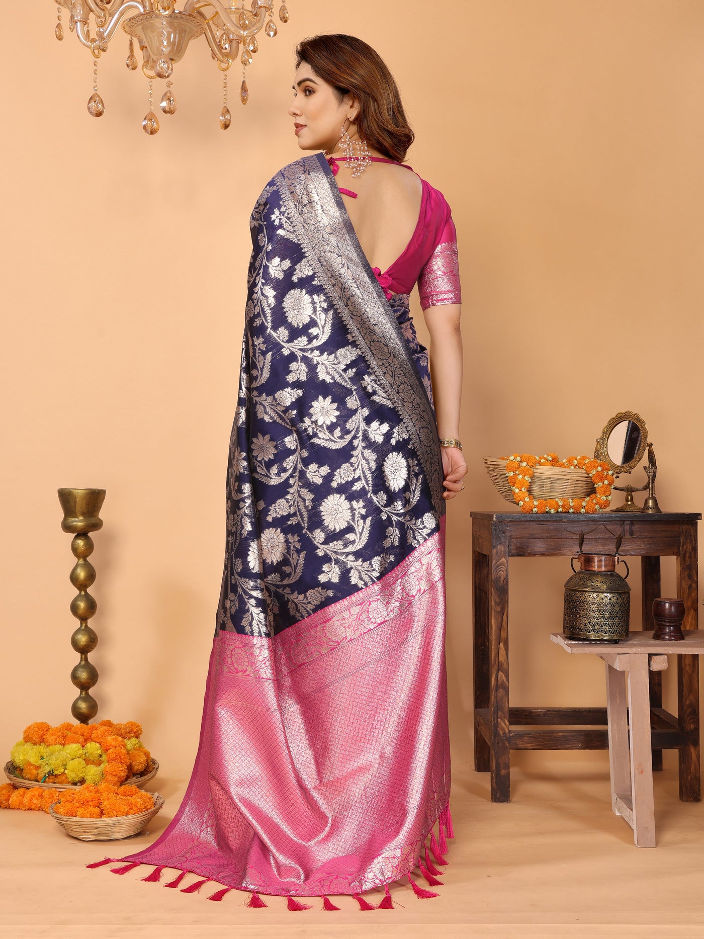 Navy Blue Banarasi Silk Saree with Silver Zari Floral Weaving & Pink Pallu – Elegant Traditional Saree for Festive & Wedding Wear