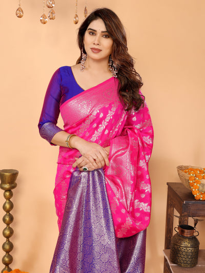 Rani Pink Banarasi Silk Saree with Royal Blue Pallu & Silver Zari – Festive Wedding Wear