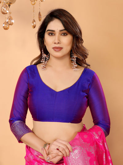 Rani Pink Banarasi Silk Saree with Royal Blue Pallu & Silver Zari – Festive Wedding Wear