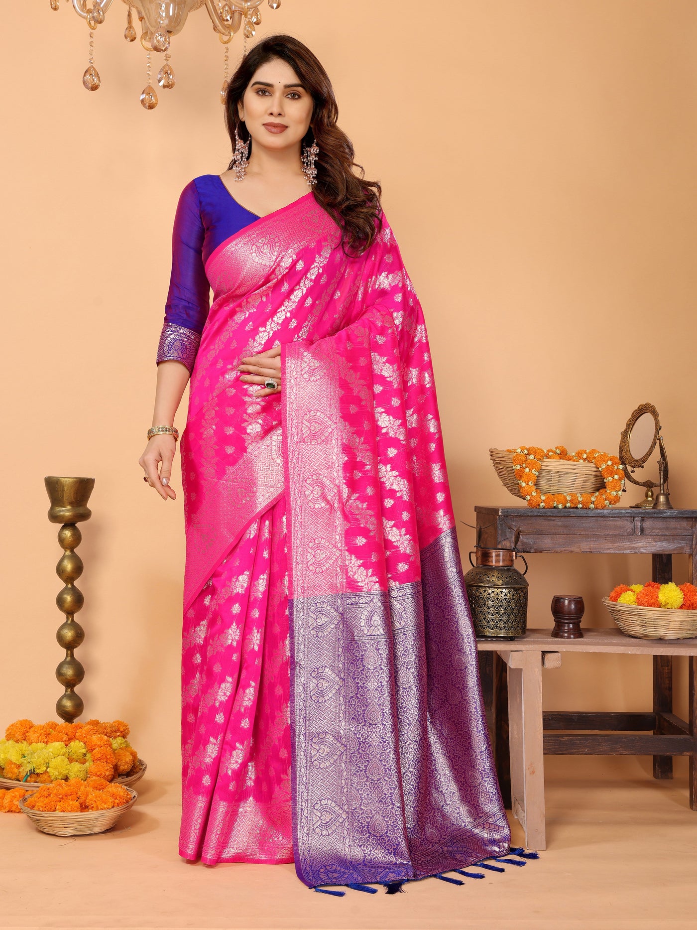 Rani Pink Banarasi Silk Saree with Royal Blue Pallu & Silver Zari – Festive Wedding Wear