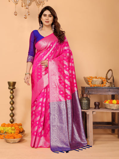 Rani Pink Banarasi Silk Saree with Royal Blue Pallu & Silver Zari – Festive Wedding Wear