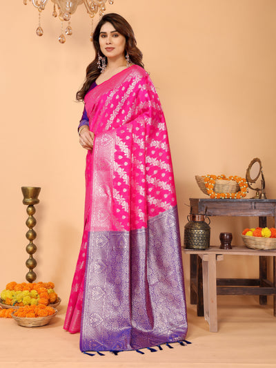 Rani Pink Banarasi Silk Saree with Royal Blue Pallu & Silver Zari – Festive Wedding Wear