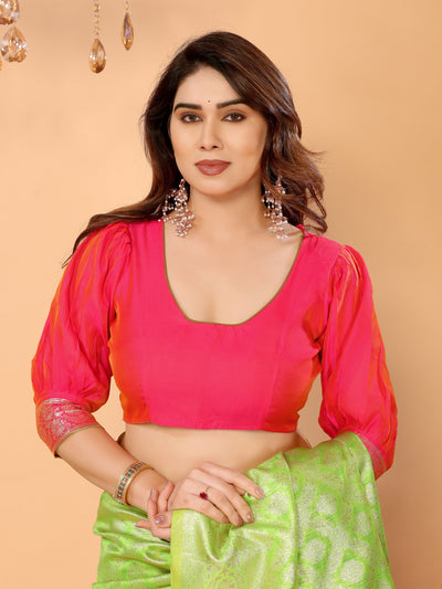 Parrot Green Banarasi Silk Saree with Coral Pink Pallu & Zari Weaving – Festive Traditional Wear