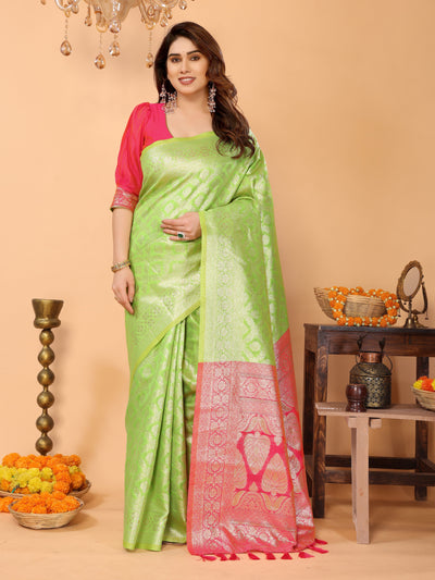Parrot Green Banarasi Silk Saree with Coral Pink Pallu & Zari Weaving – Festive Traditional Wear