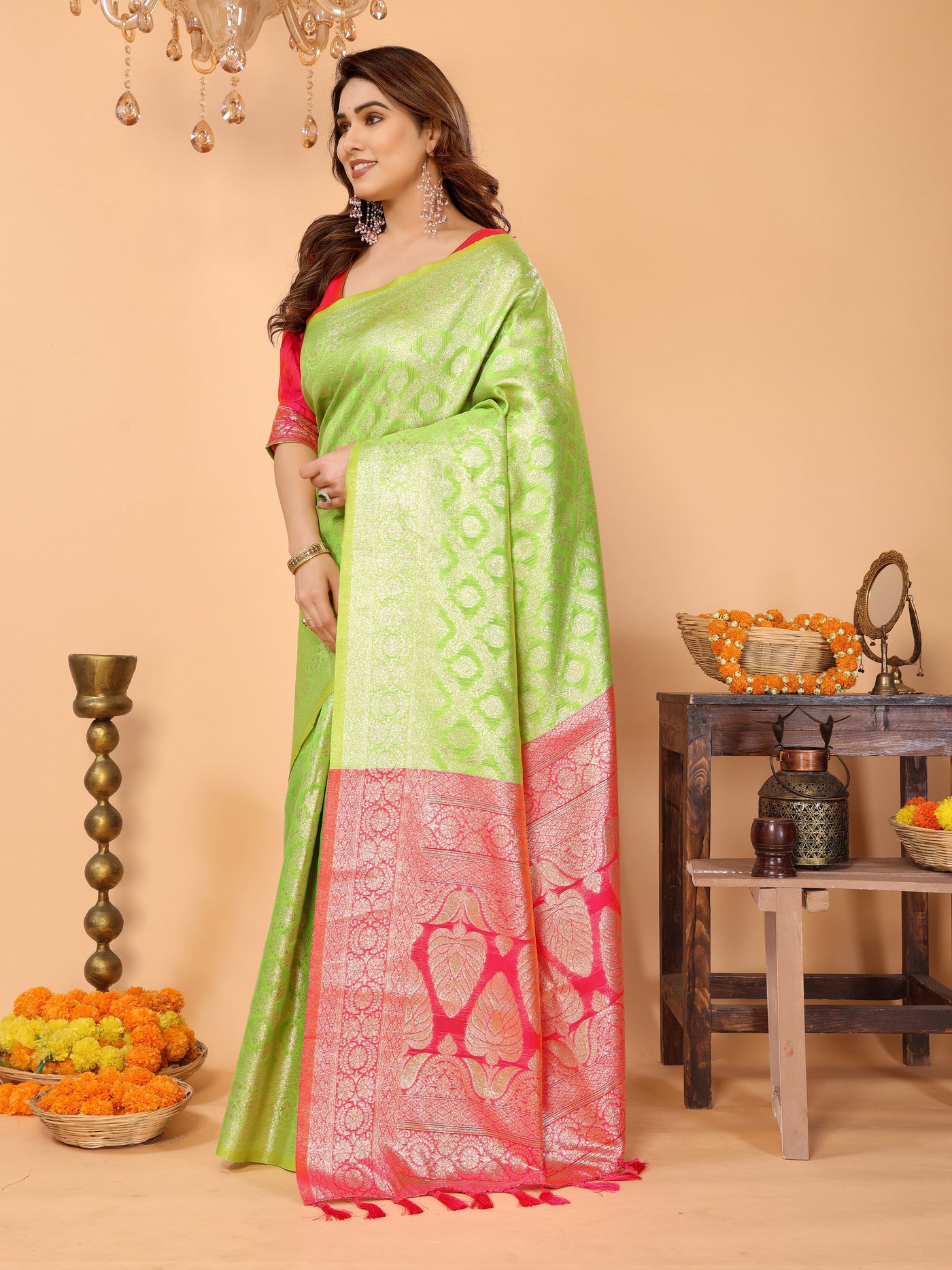 Parrot Green Banarasi Silk Saree with Coral Pink Pallu & Zari Weaving – Festive Traditional Wear