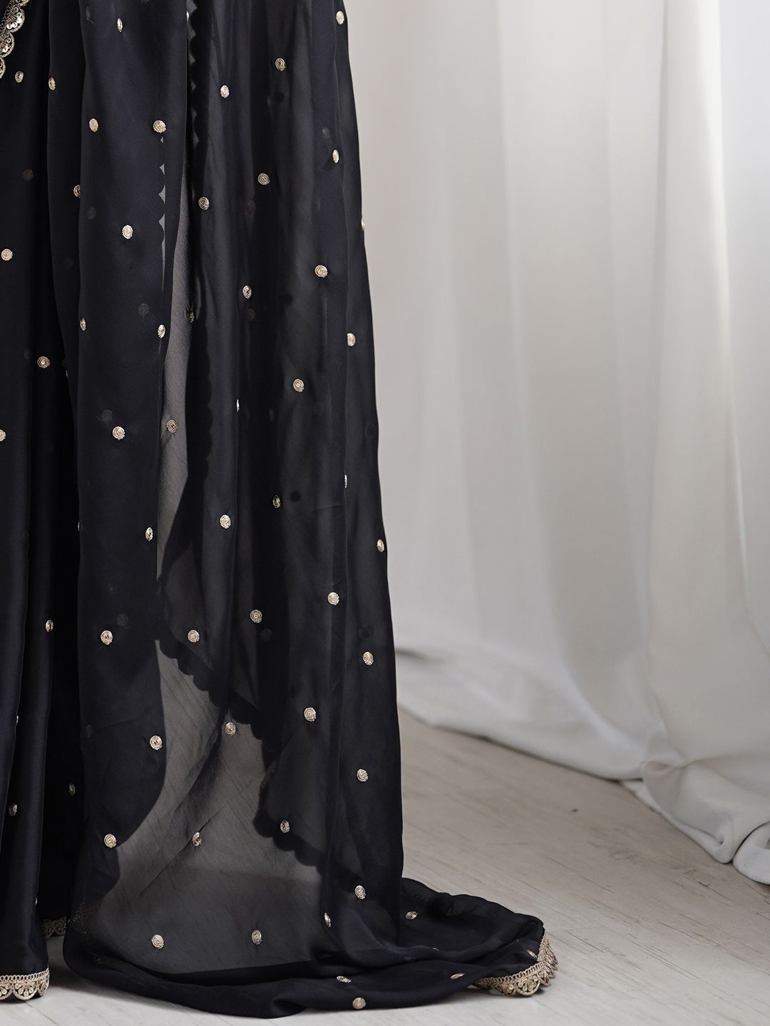 Royal Black Georgette Saree with Golden Zari Lace Border & Sequin Work – Elegant Party & Wedding Wear