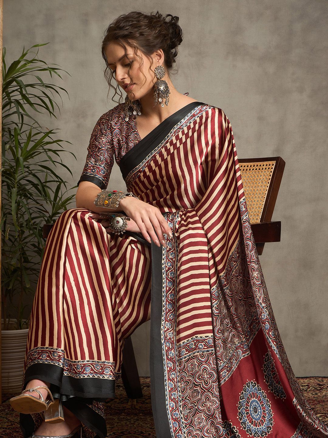 Maroon & Beige Striped Gajji Silk Saree with Mandala-Inspired Pallu