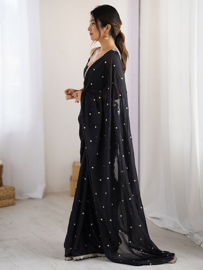 Royal Black Georgette Saree with Golden Zari Lace Border & Sequin Work – Elegant Party & Wedding Wear