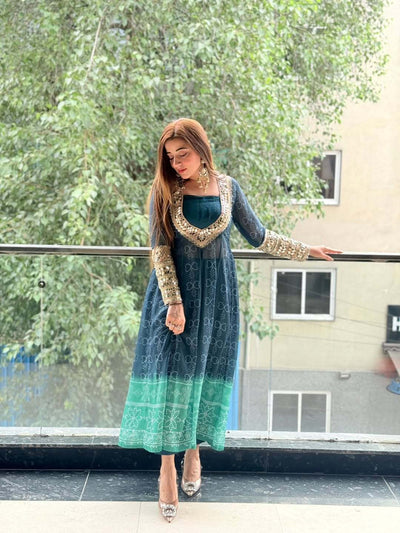 Ocean Bloom Georgette Kurti Set with Mirror Work | 3-Piece Festive Wear