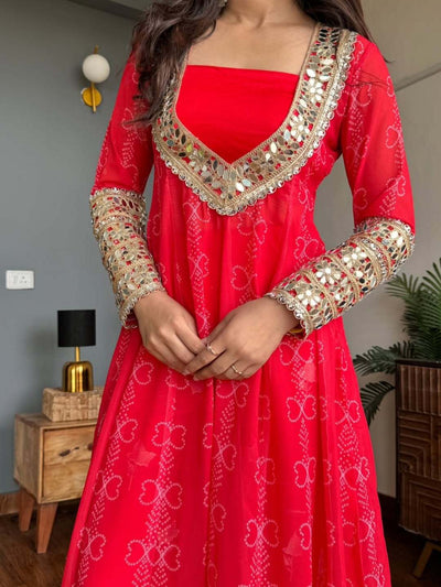 Red Radiance Georgette Kurti Set with Mirror Work | 3-Piece Festive Wear