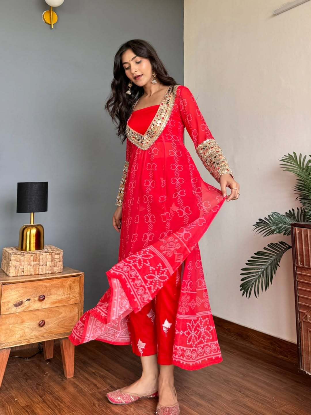 Red Radiance Georgette Kurti Set with Mirror Work | 3-Piece Festive Wear