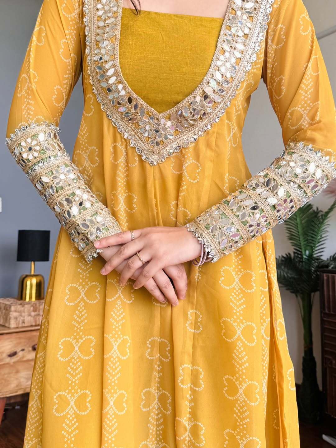 Mustard Yellow & Green Faux Georgette Kurti Set with Mirror Work | 3-Piece Festive Wear