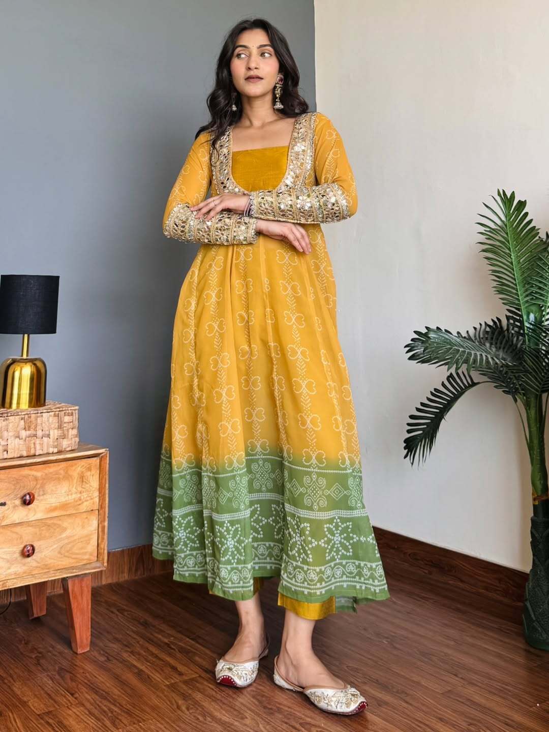 Mustard Yellow & Green Faux Georgette Kurti Set with Mirror Work | 3-Piece Festive Wear