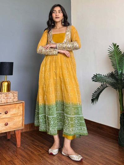 Mustard Yellow & Green Faux Georgette Kurti Set with Mirror Work | 3-Piece Festive Wear
