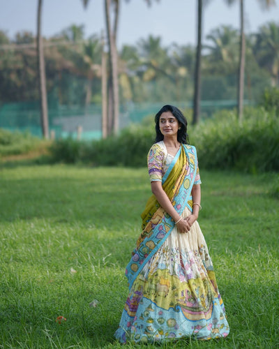 Cream and Mustard Kalamkari Lehenga with Pastoral Motif and Blue Border