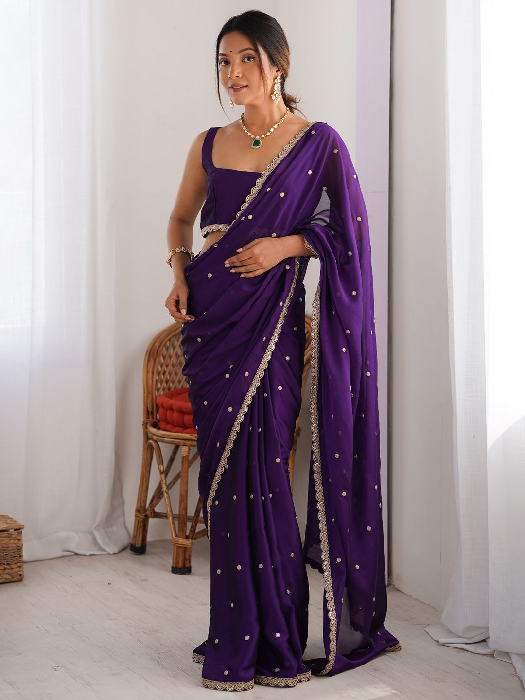 Royal Purple Georgette Saree with Golden Zari Lace Border & Sequin Work – Elegant Party & Wedding Wear