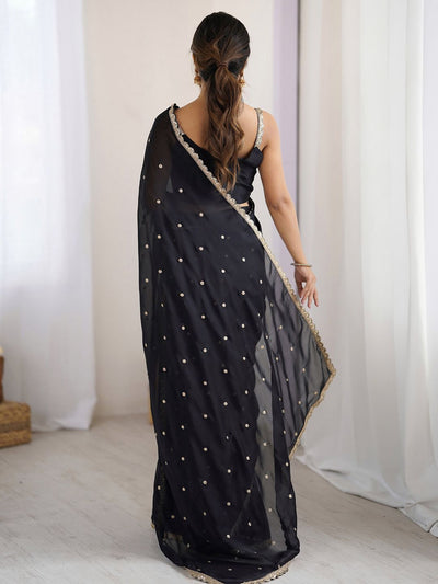 Royal Black Georgette Saree with Golden Zari Lace Border & Sequin Work – Elegant Party & Wedding Wear