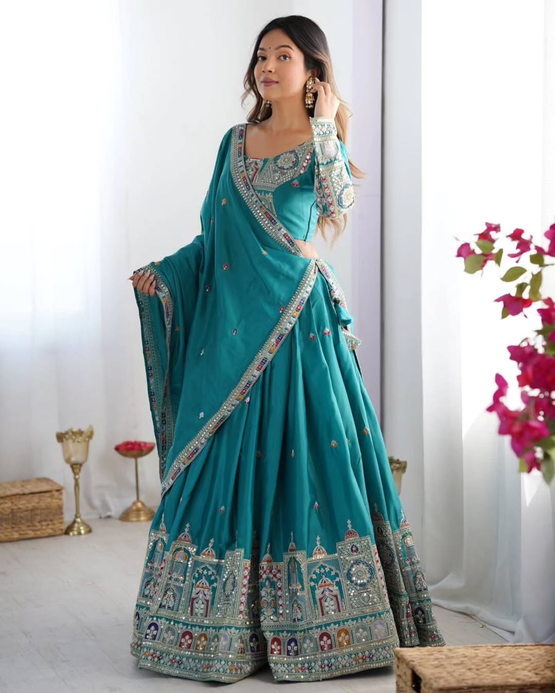 Peacock Blue Chaniya Choli for Women – Heavy Mirror Work Gujarati Lehenga with Embroidered Blouse & Dupatta | Wedding & Navratri Traditional Outfit