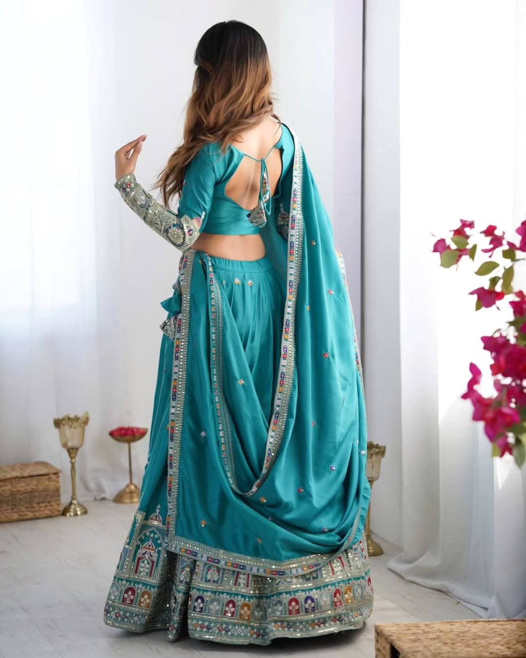 Peacock Blue Chaniya Choli for Women – Heavy Mirror Work Gujarati Lehenga with Embroidered Blouse & Dupatta | Wedding & Navratri Traditional Outfit