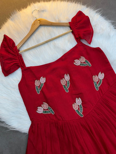 Red Vichitra Silk Handwork Maxi Dress with Beads & Kardana Embroidery Ethnic Party Wear Gown