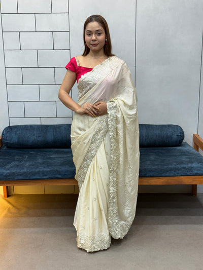 New Arrival Cream White Designer Saree in Pure HO Fabric with Heavy Embroidery