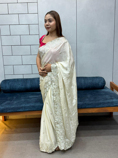 New Arrival Cream White Designer Saree in Pure HO Fabric with Heavy Embroidery