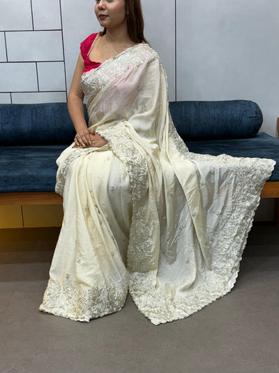 New Arrival Cream White Designer Saree in Pure HO Fabric with Heavy Embroidery