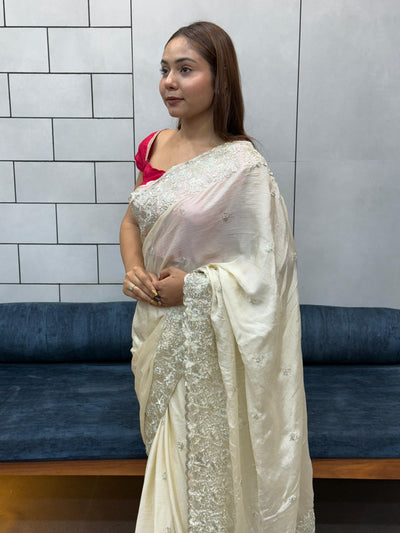 New Arrival Cream White Designer Saree in Pure HO Fabric with Heavy Embroidery