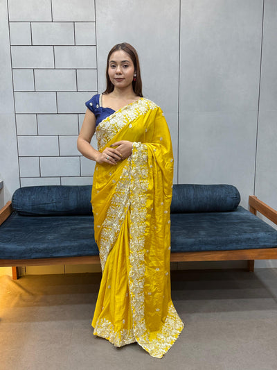 New Arrival Mustard Yellow Pure HO Fabric Saree with Heavy Embroidery Border