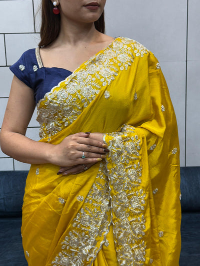 New Arrival Mustard Yellow Pure HO Fabric Saree with Heavy Embroidery Border