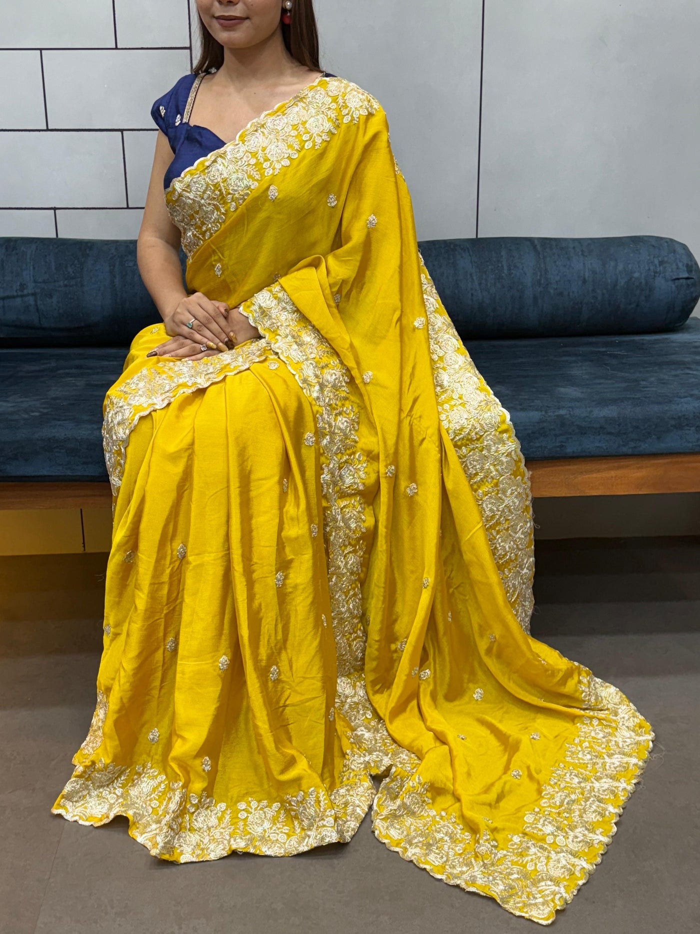 New Arrival Mustard Yellow Pure HO Fabric Saree with Heavy Embroidery Border