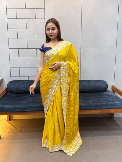 New Arrival Mustard Yellow Pure HO Fabric Saree with Heavy Embroidery Border