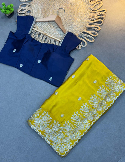 New Arrival Mustard Yellow Pure HO Fabric Saree with Heavy Embroidery Border