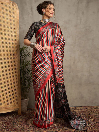 Multicolor Striped Gajji Silk Saree with Contrasting Ajrakh Pallu and Ethnic Border