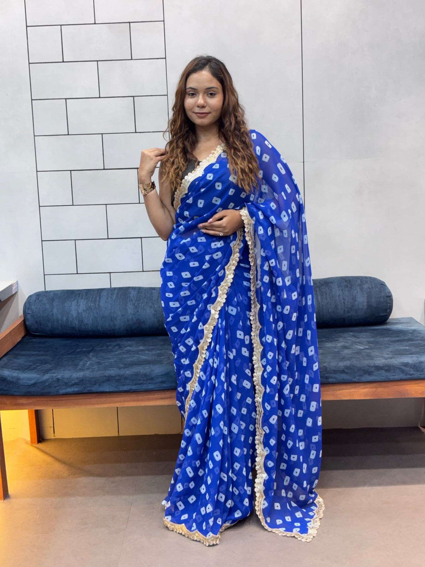 Neelam Blue Bandhani Georgette Saree with embroidery  Lace Border & Running Blouse