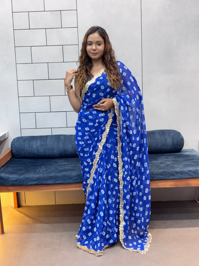 Neelam Blue Bandhani Georgette Saree with embroidery  Lace Border & Running Blouse