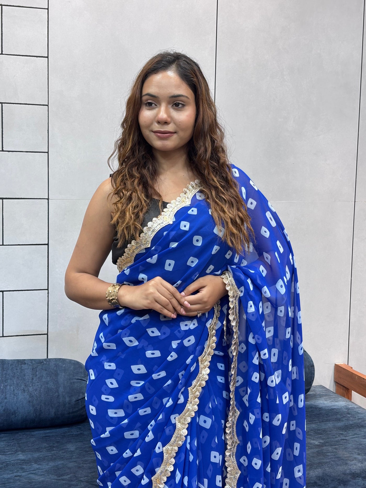 Neelam Blue Bandhani Georgette Saree with embroidery  Lace Border & Running Blouse