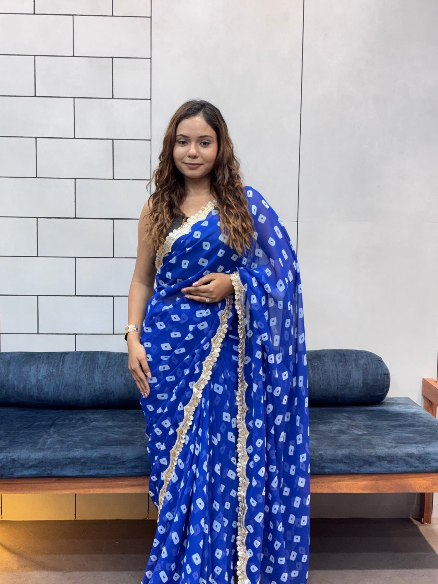 Neelam Blue Bandhani Georgette Saree with embroidery  Lace Border & Running Blouse