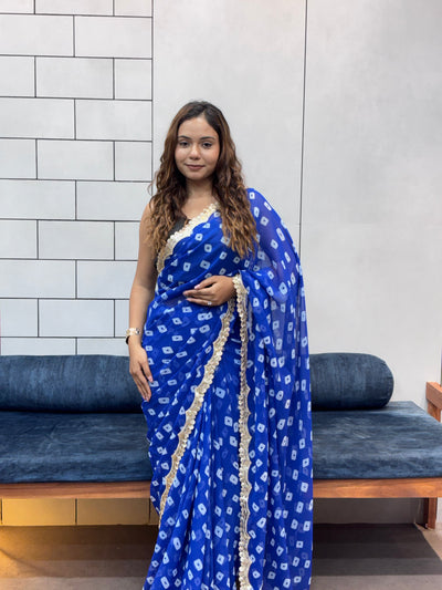Neelam Blue Bandhani Georgette Saree with embroidery  Lace Border & Running Blouse