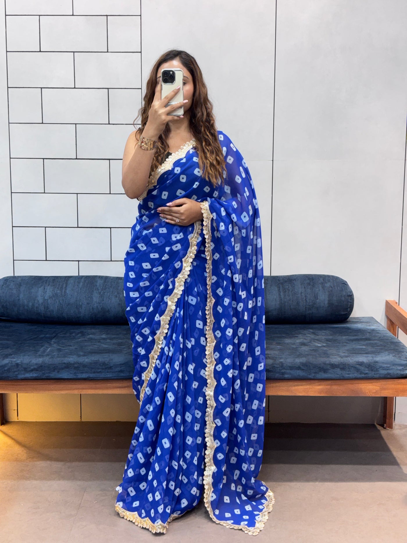 Neelam Blue Bandhani Georgette Saree with embroidery  Lace Border & Running Blouse