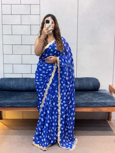 Neelam Blue Bandhani Georgette Saree with embroidery  Lace Border & Running Blouse