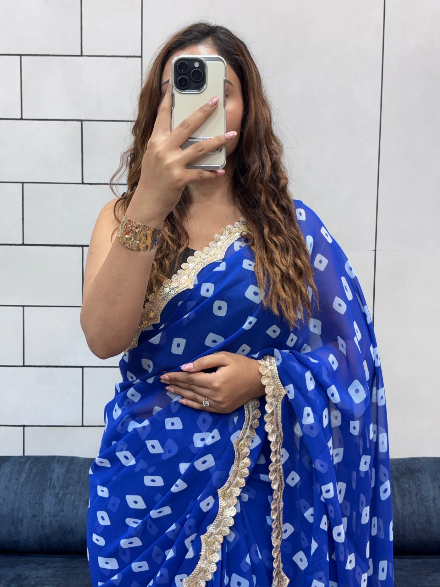 Neelam Blue Bandhani Georgette Saree with embroidery  Lace Border & Running Blouse