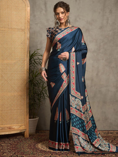Midnight Blue Gajji Silk Saree with Stylized Leaf Motifs & Traditional Patola-Inspired Pallu
