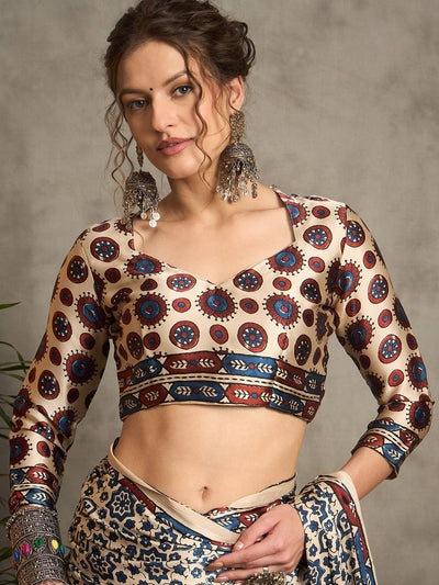 Royal Gajji Silk Saree in Cream & Indigo with Traditional Ajrakh Print